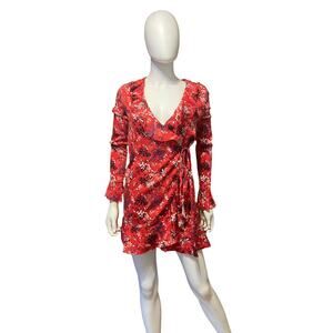 Urban Outfitters Red Floral Long Sleeve Mini Wrap Dress Size S